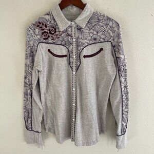 DOUBLE D RANCH Grey & Embroidered, Fringed/Sequined Blouse: Medium; NWOT!!